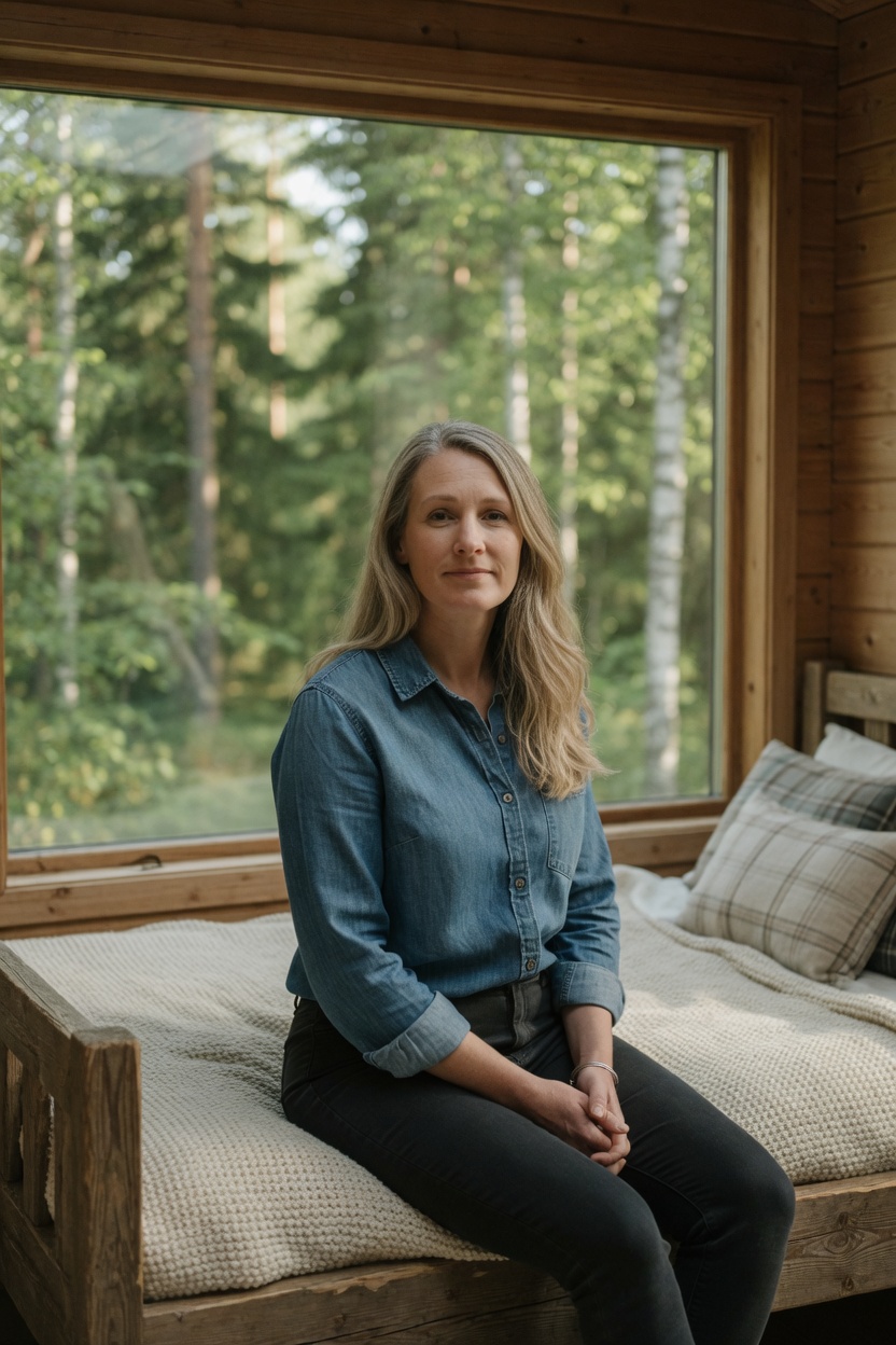 Nell in a denim shirt, hair down, seated on a cabin bed, a window full of trees.
