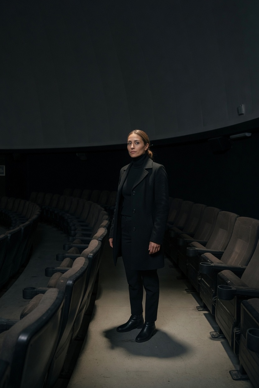 Nerina, an adult woman of 34, silver-brown hair pulled back, black wool coat, standing in an empty planetarium aisle under a dark dome.