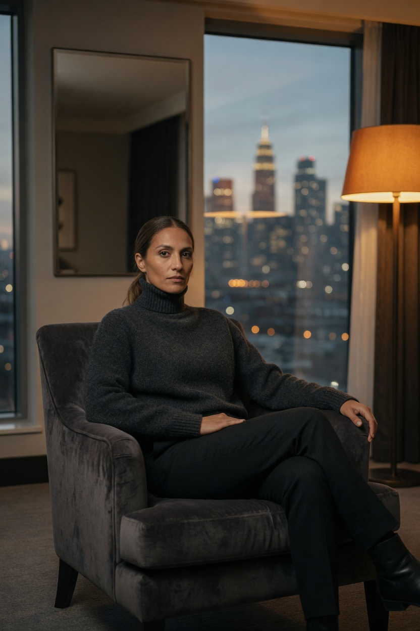 Nerina in a charcoal sweater and black trousers, hair pulled back, seated in a hotel armchair by a plain mirror and a city window.