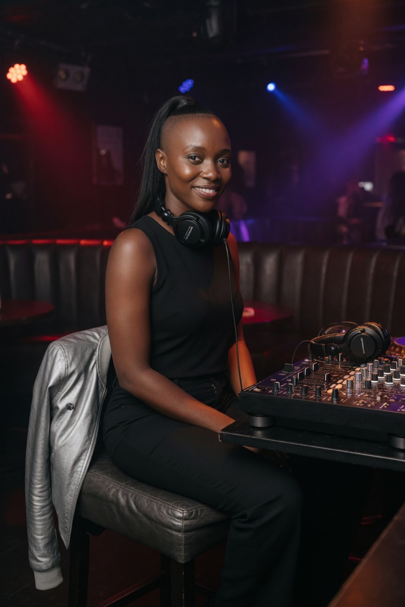Nia seated on a booth stool, silver jacket off over a black top, headphones on the deck, club lights low.