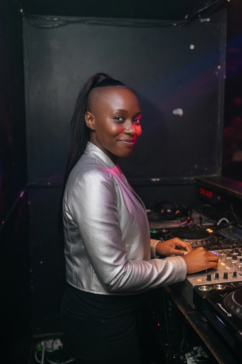 Nia with shaved sides and a long dark top, plain silver jacket with no lettering, standing in a small DJ booth, decks unbranded.