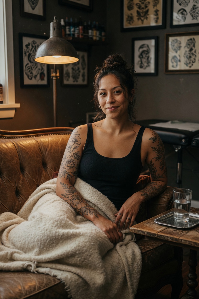 Nina on the shop sofa in the black tank, a blanket over her lap, a glass of water on the tray, lamp low.