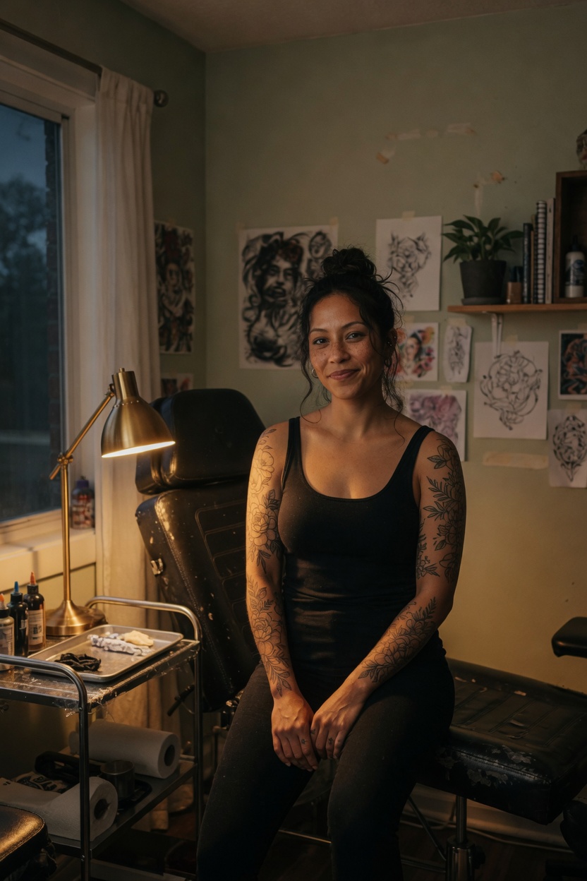 Nina in a black tank, floral tattoos on her arms, seated in her tattoo chair after hours, shop empty.