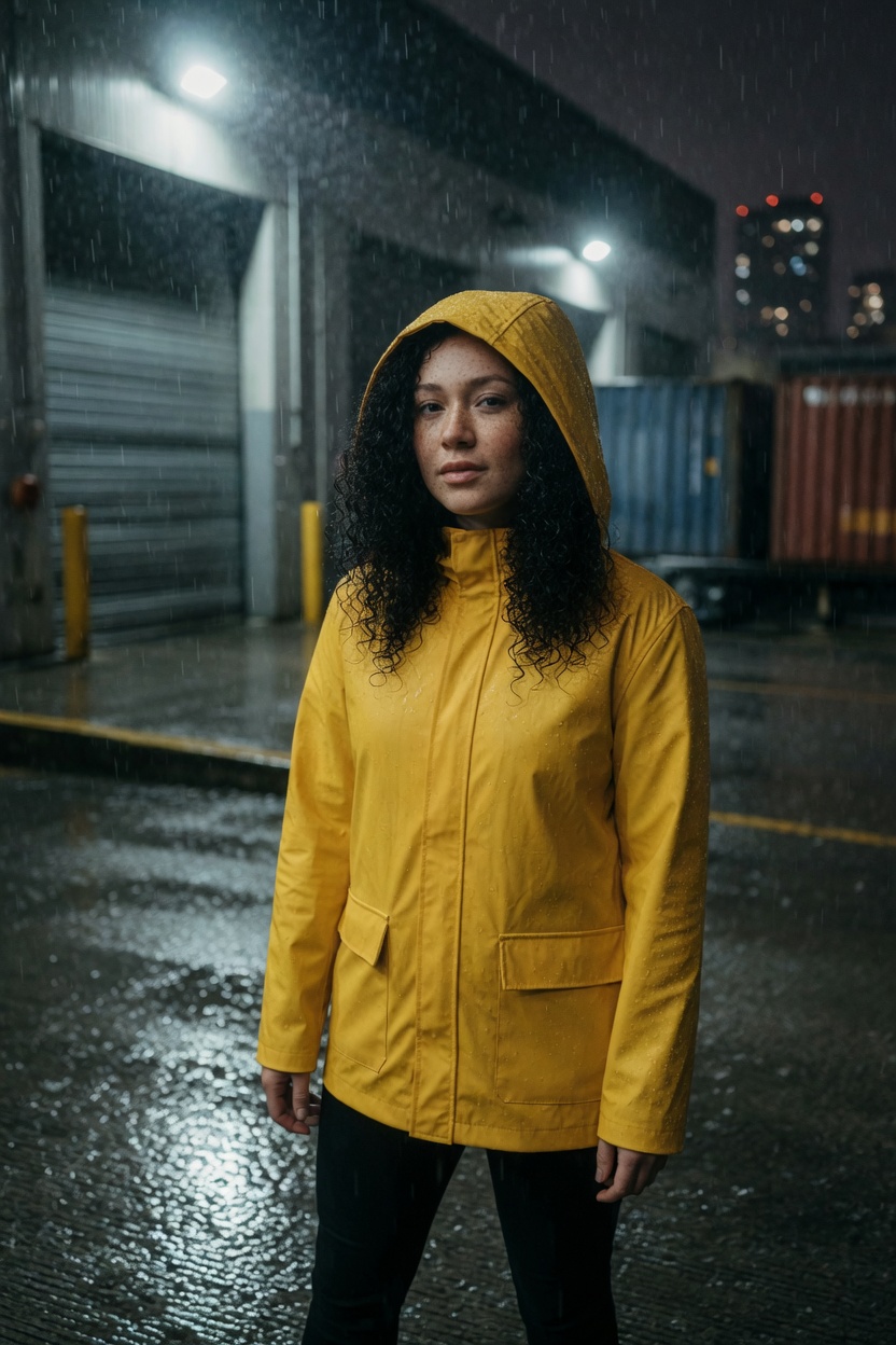 Nix, an adult woman of 23, freckles and black curls, yellow raincoat, standing on a wet loading dock at night.