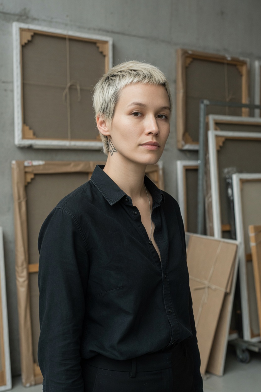 Noa, an adult woman of 23, bleached crop, black button shirt, standing in a gallery storage room, wrapped frames with no readable tags.