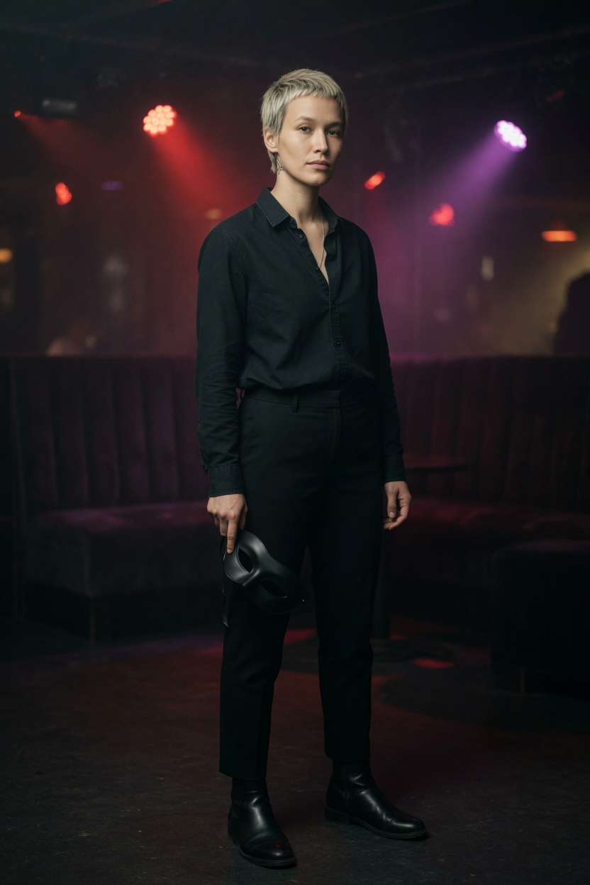 Noa in a black shirt, bleached crop, holding a plain black mask, standing in a dim club room, no signs.