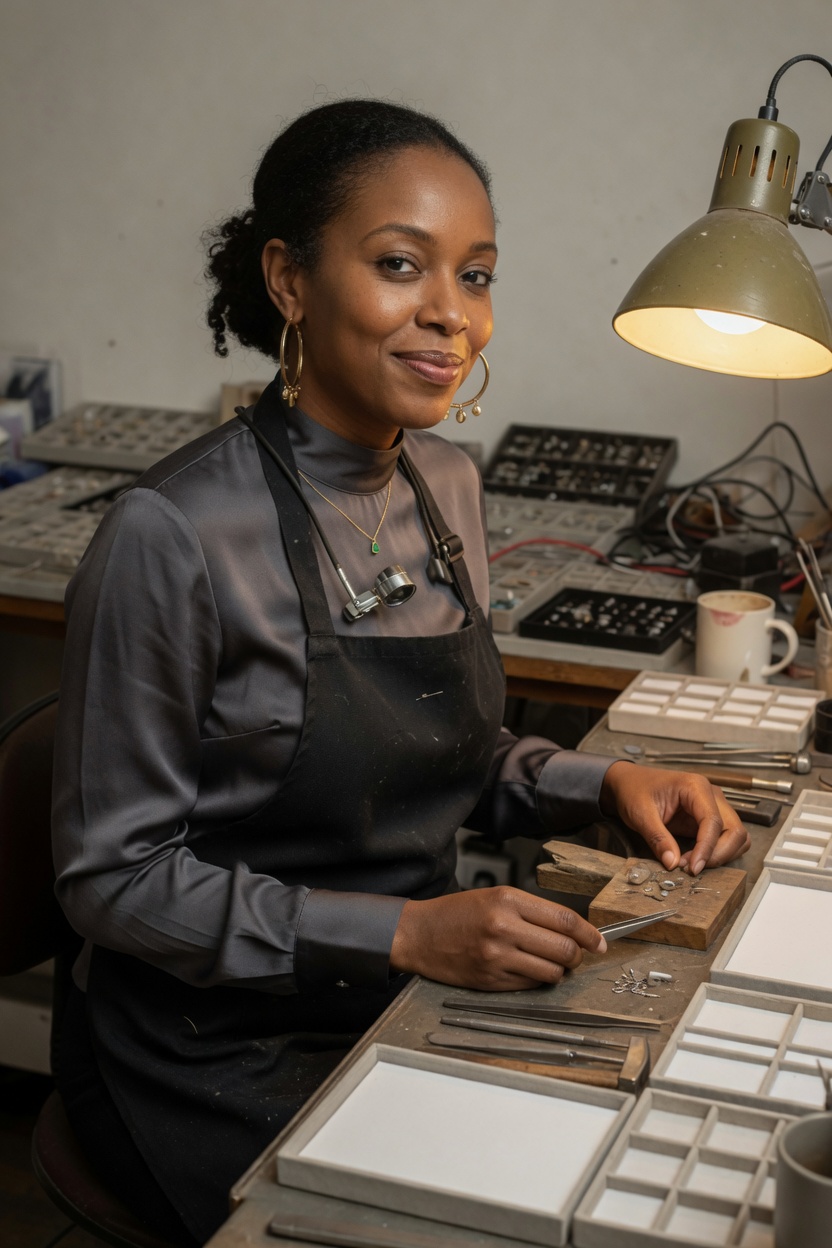 Noor in a black apron over a silk camisole, gold hoops, medium brown skin, seated at a jewelry bench with unlabeled trays.