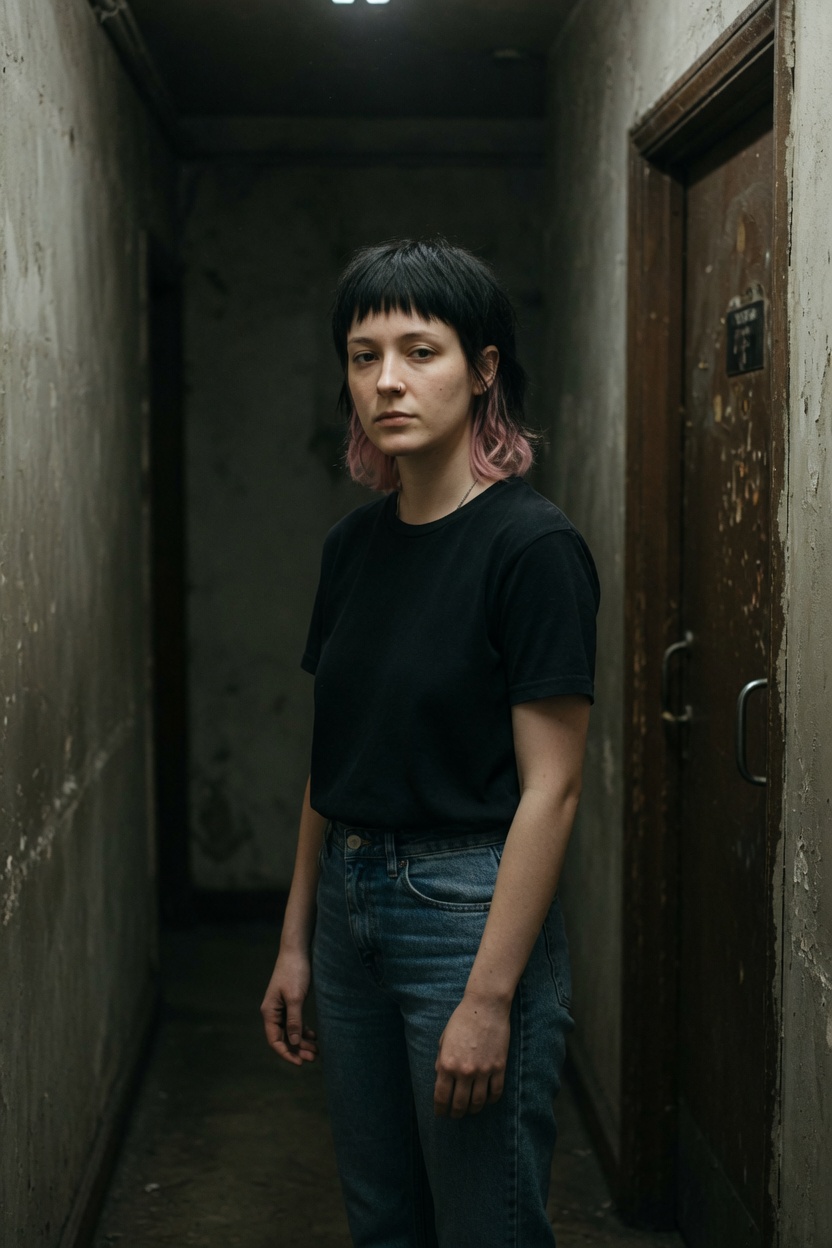 Nova, an adult woman of 24, pale, choppy dark hair, black t-shirt and jeans, standing in a narrow dim hallway beside a closed booth door.
