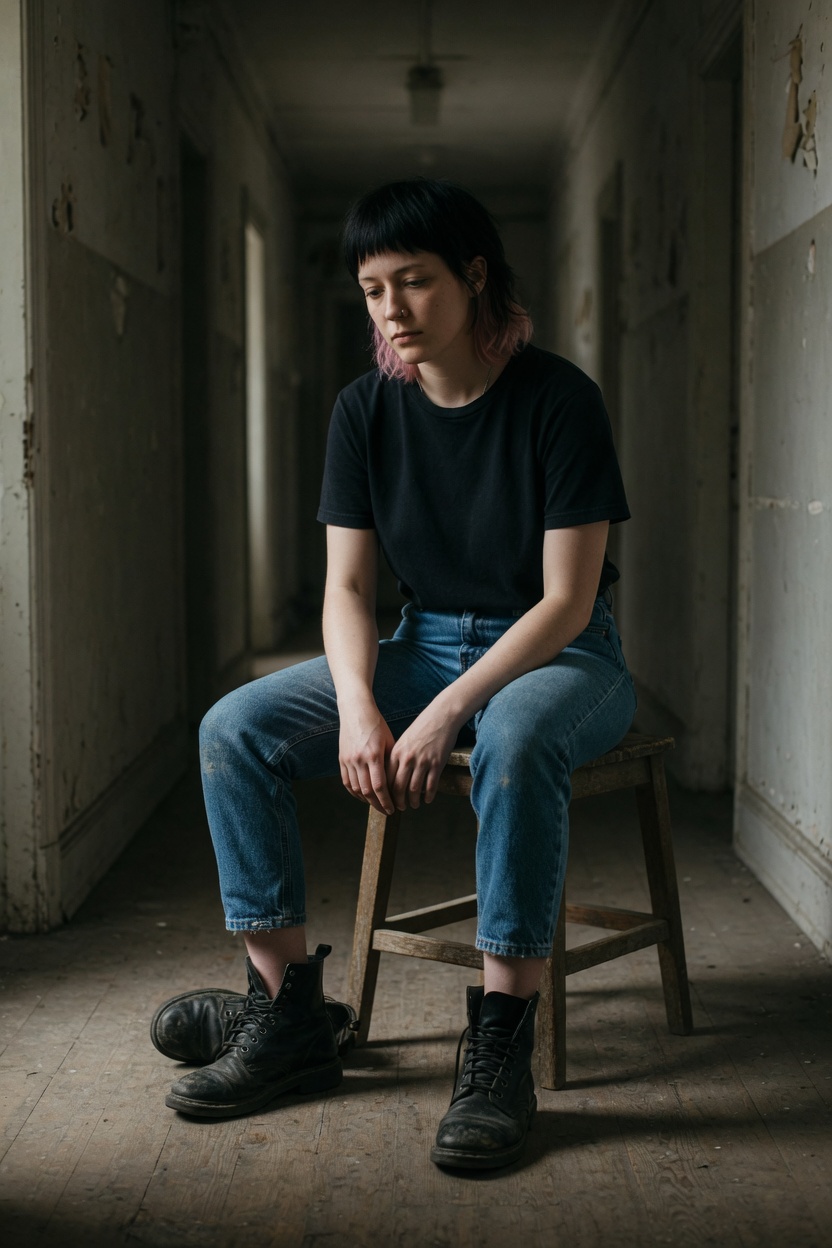 Nova in a black t-shirt and jeans, hair messy, seated on a stool in a dim hallway, one boot off, the other on.