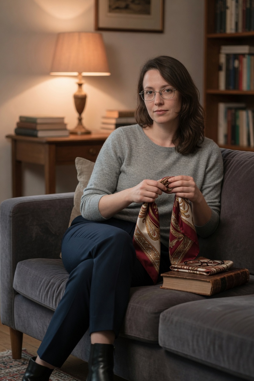 Odette on a sofa in the grey sweater, glasses folded on a book, a silk scarf in her hand.