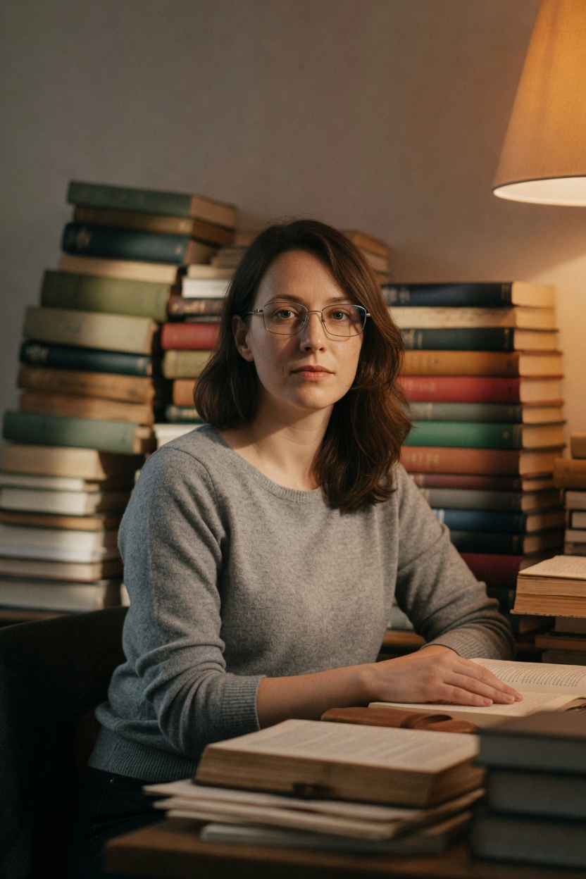 Odette in a grey sweater and thin glasses, seated at a desk piled with books, lamp on.