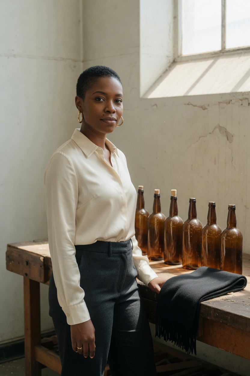 Odile, an adult woman of 29, short black hair, gold hoops, cream blouse, standing at a wood bench of unlabeled bottles, a folded black scarf on the wood.
