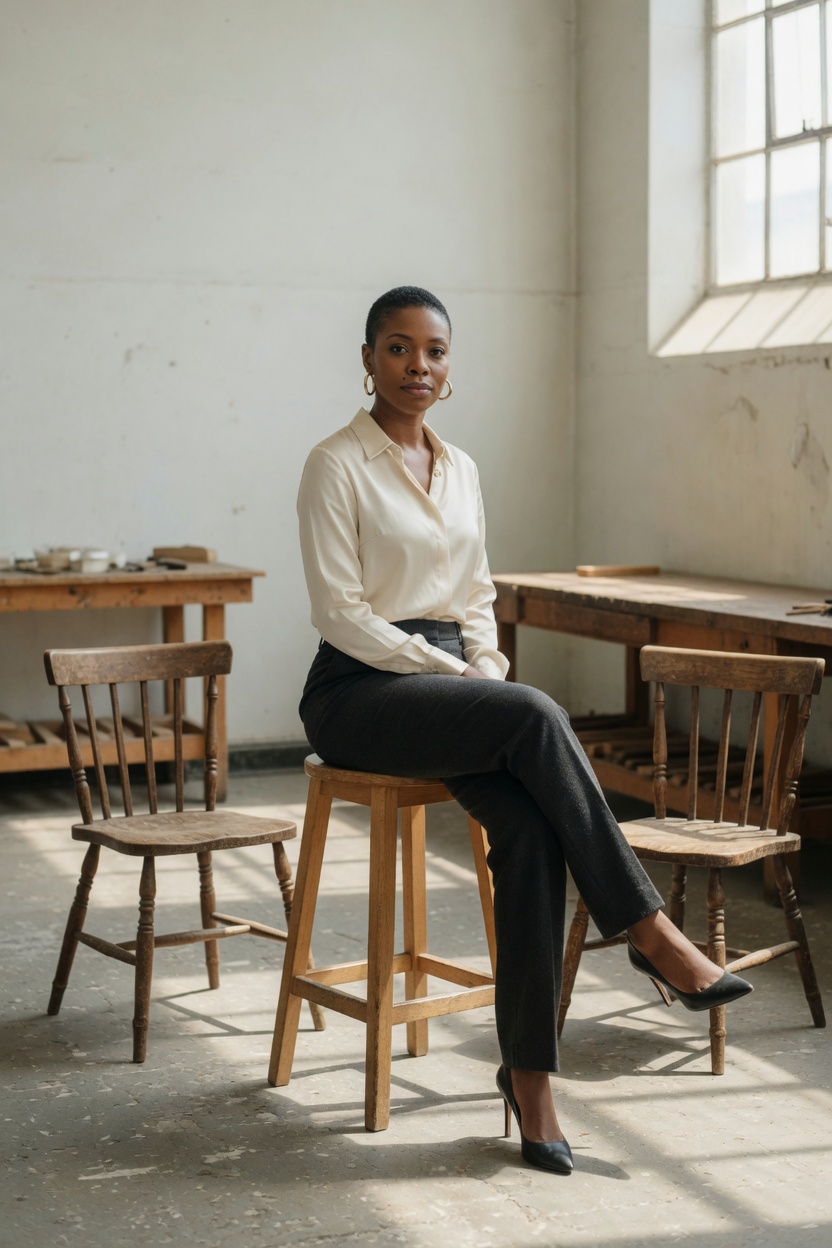 Odile in a cream blouse and charcoal trousers, short black hair, seated on a studio stool between two empty wooden chairs.