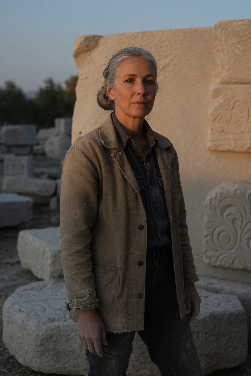 Opal with silver hair in a bun, canvas jacket, standing among large pale stone blocks in a yard at dusk.