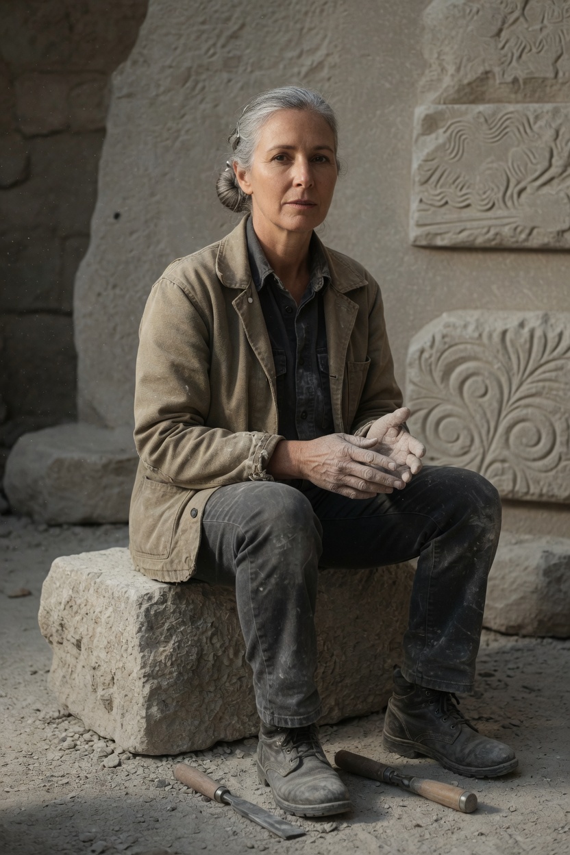 Opal in a canvas jacket and dark shirt, bun loose, seated on a low stone, a chisel on the ground, no readable marks.