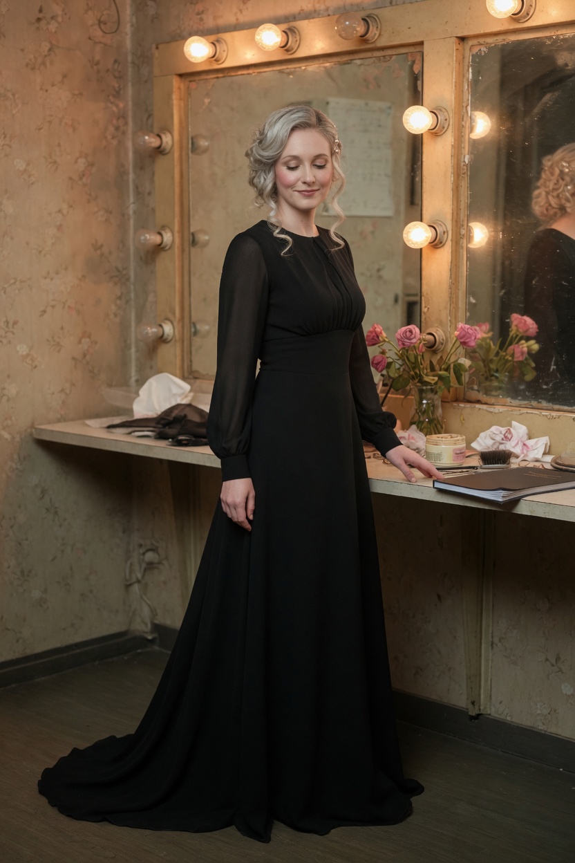 Ophelia with platinum waves, in a long black dress, standing at a dressing-room mirror, bulbs warm.