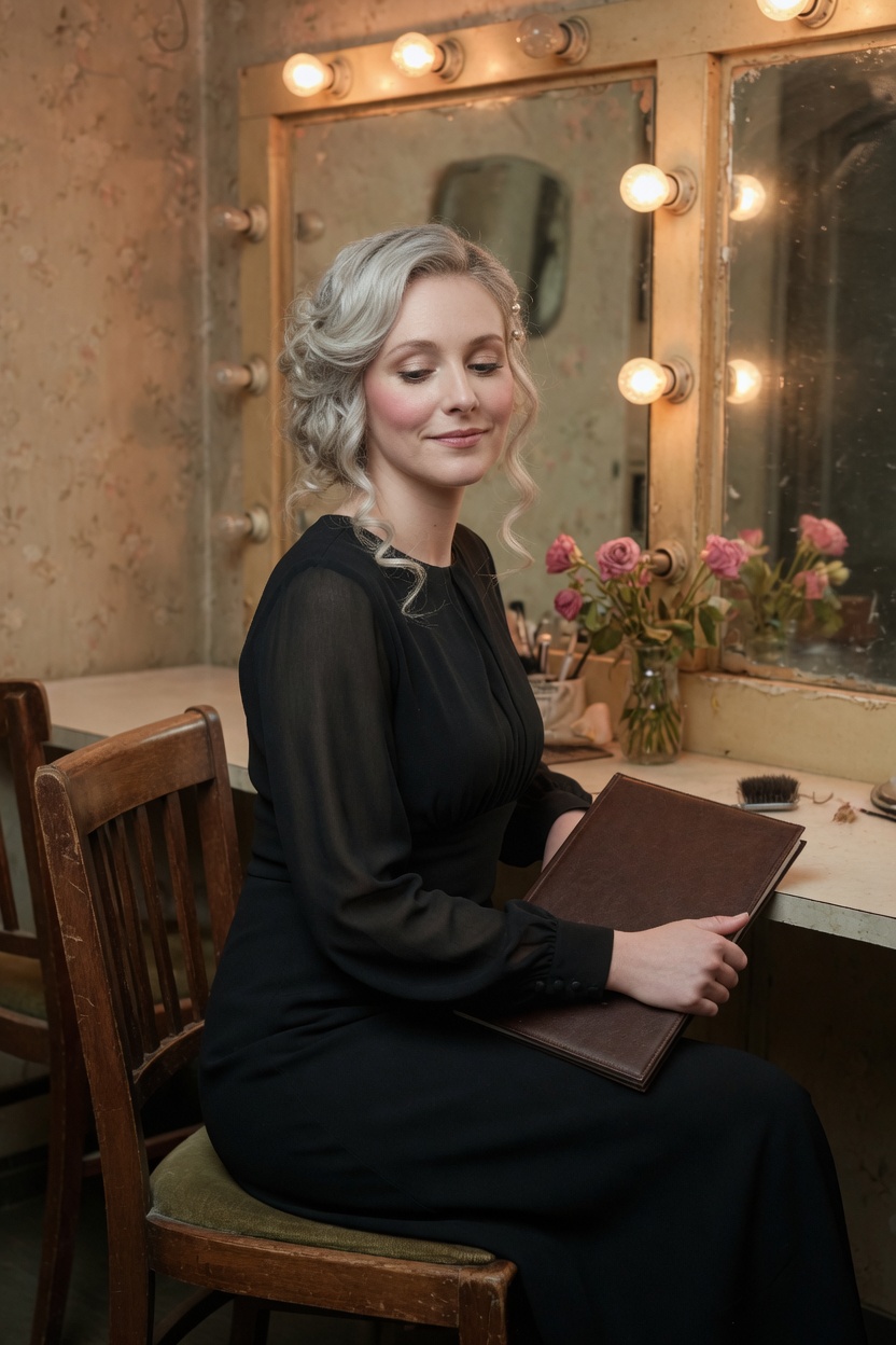 Ophelia seated in a dressing-room chair in a long black dress, a closed script in her lap, mirror behind her.
