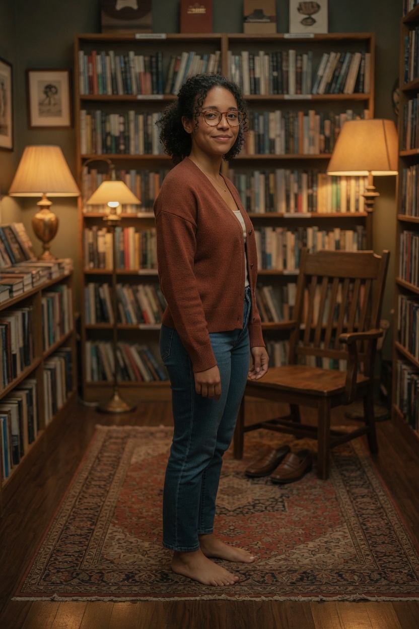 Paloma in a rust cardigan and tortoiseshell glasses, barefoot on a bookstore rug, shoes under a chair.
