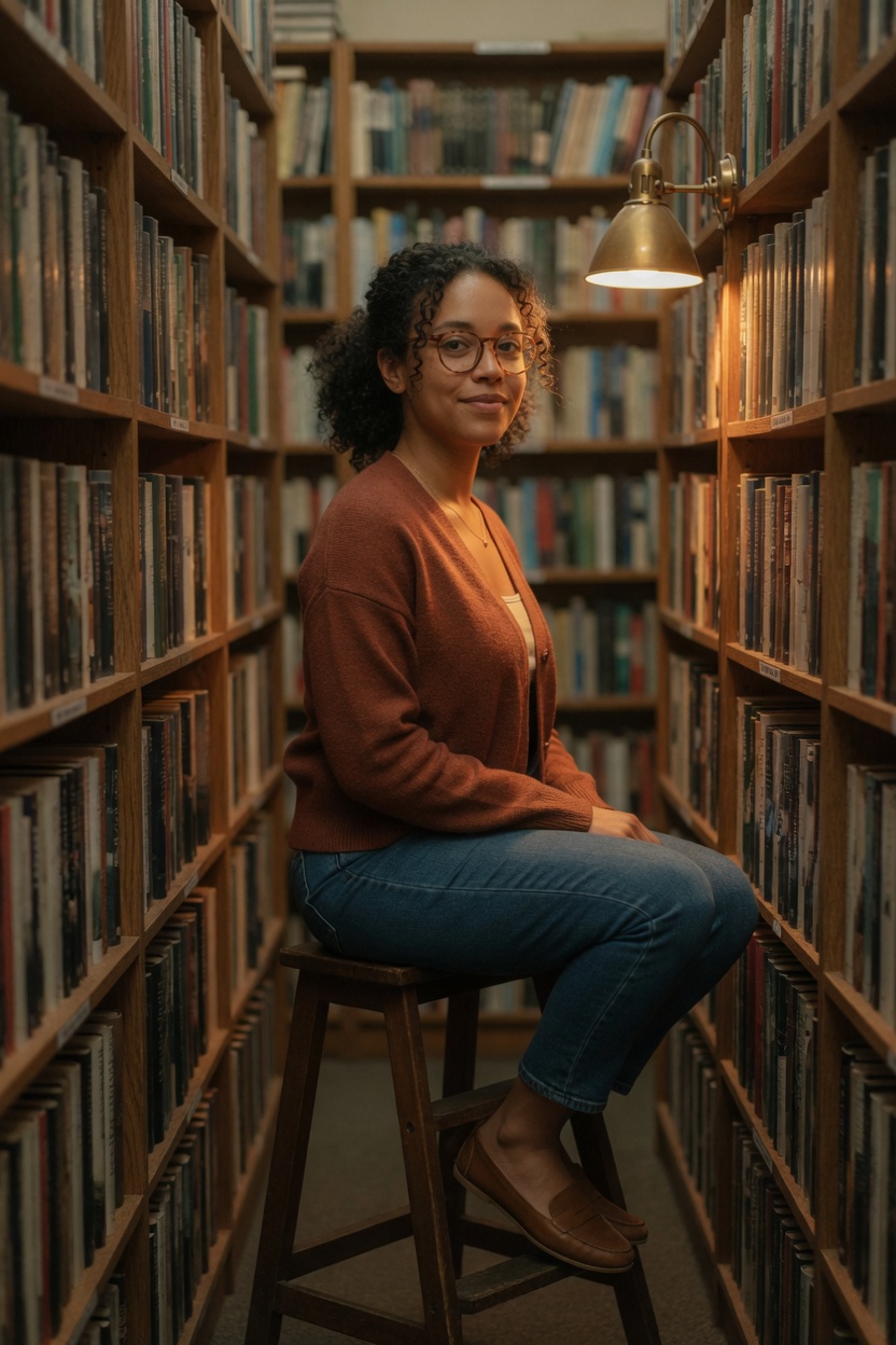 Paloma perched on a low bookstool, rust cardigan, one bare foot on the rung, glasses on.
