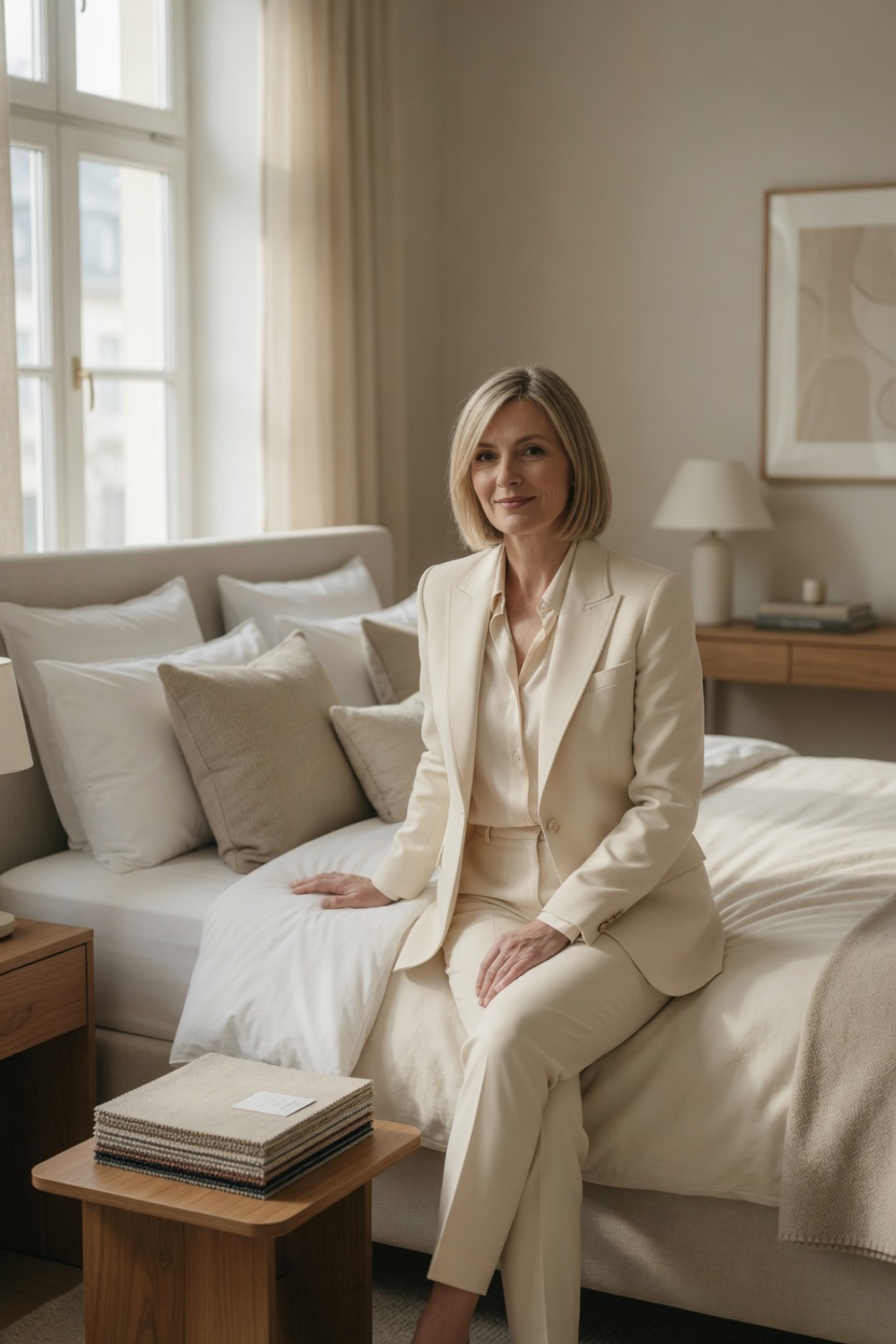 Patricia seated on a made bed in a cream jacket, swatch book closed on the nightstand.