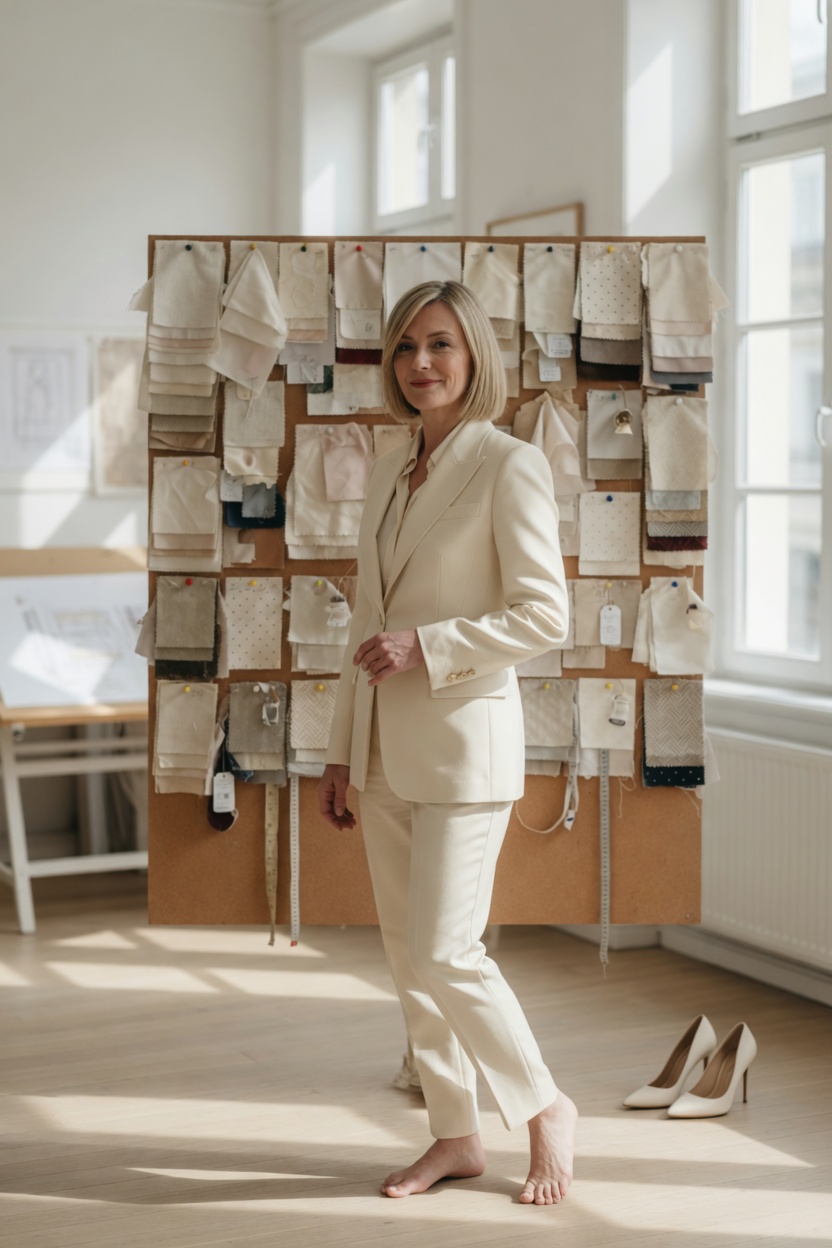 Patricia in a cream suit, blonde bob, standing among fabric swatches in a bright studio, heels off to one side.