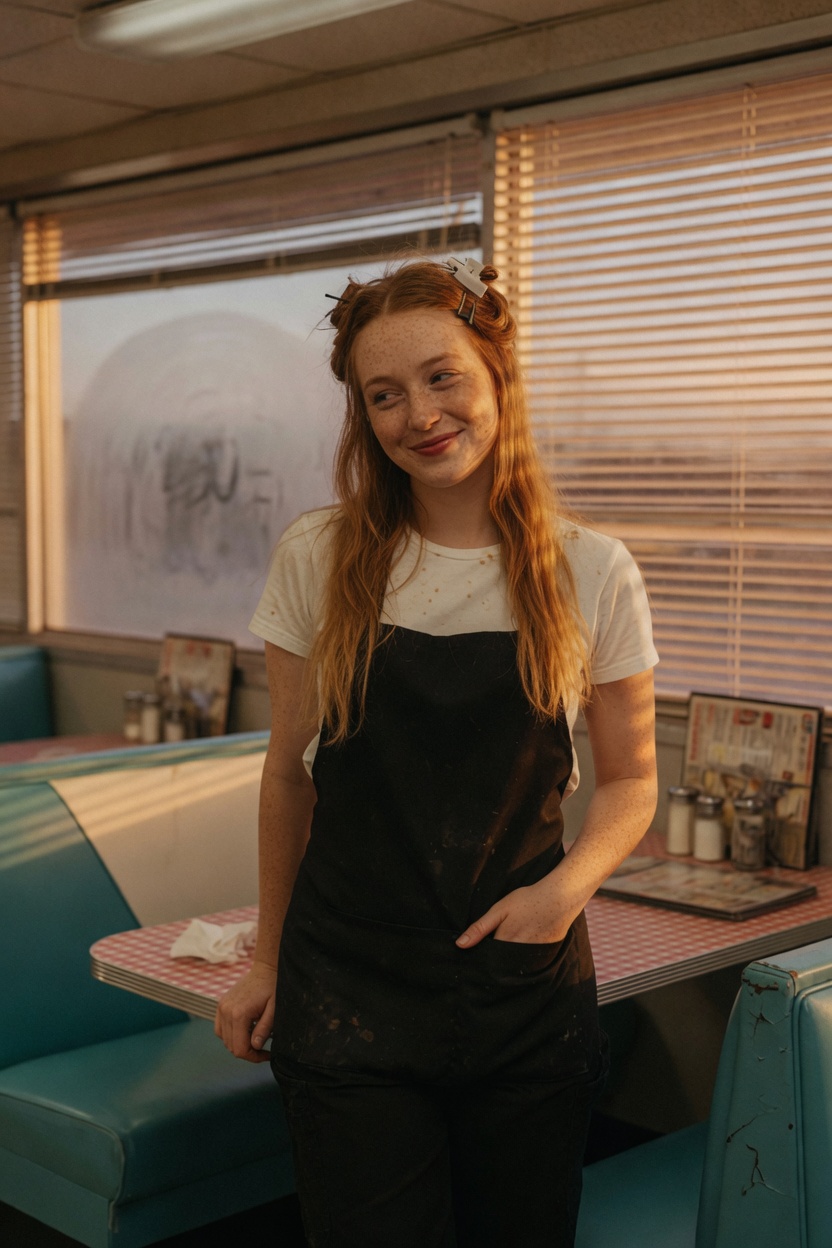 Pauline, adult, freckled, long strawberry-blonde hair, black apron over a white t-shirt, standing in an empty diner.