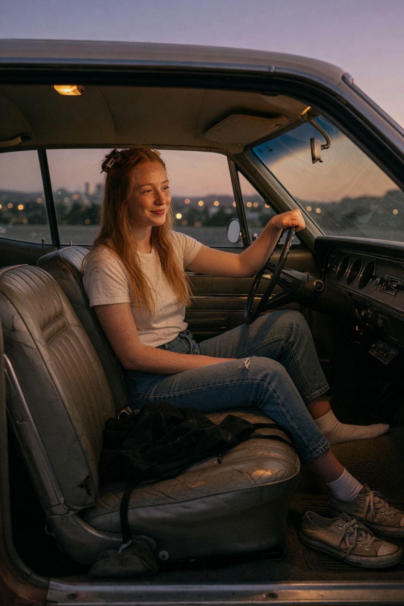 Pauline in the white t-shirt, apron on the seat, seated in a parked car at dusk, sneakers off in the footwell.