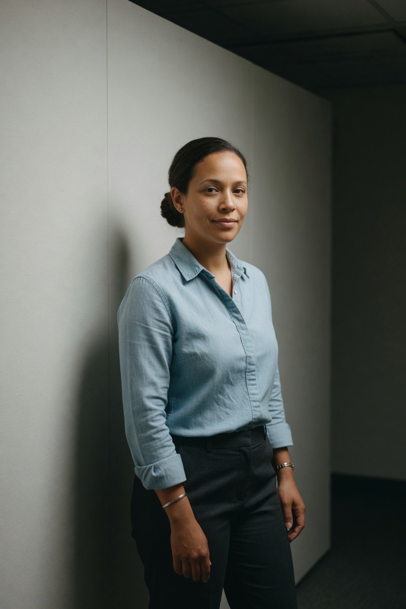 Pearl with light brown skin and a neat bun, chambray shirt, standing in a dim hallway beside a plain partition wall.