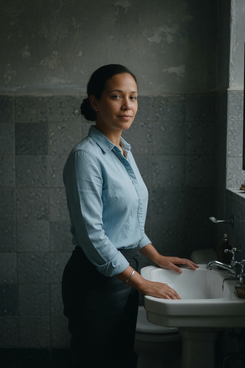 Pearl in a chambray shirt, bun intact, standing at a small white sink in a dim washroom, hands dry, shirt buttoned.