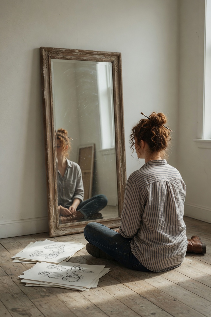 Penny in the striped shirt, seated on the floor before a leaning mirror, sketches stacked to the side.