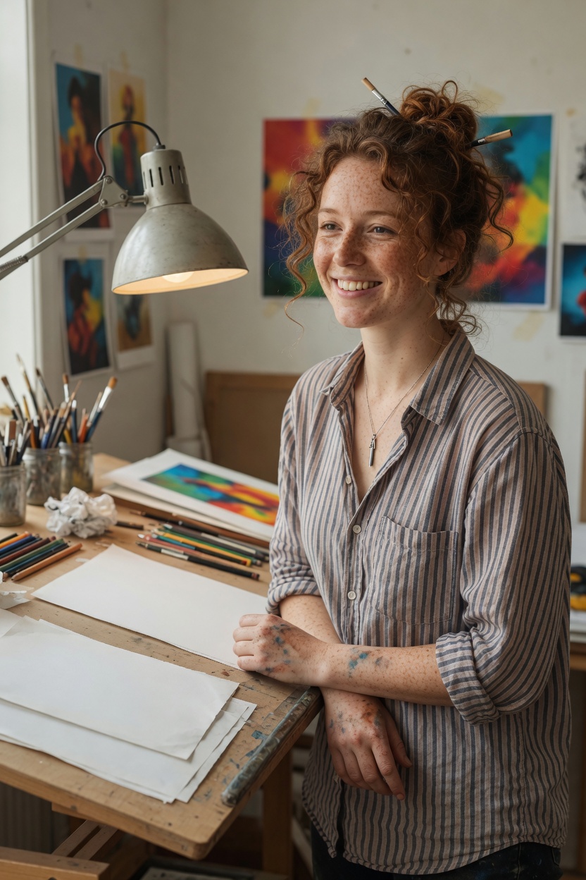 Penny, adult, freckled, auburn hair in a bun, striped shirt, standing at a drawing table with sketches face-down.