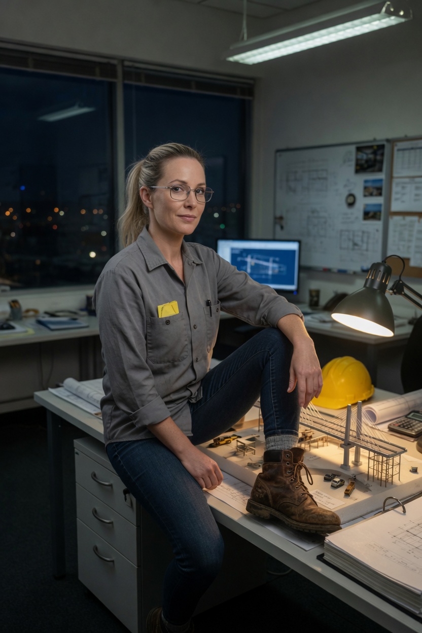 Petra seated on the table edge, grey shirt, one boot off, model behind her, night in the windows.