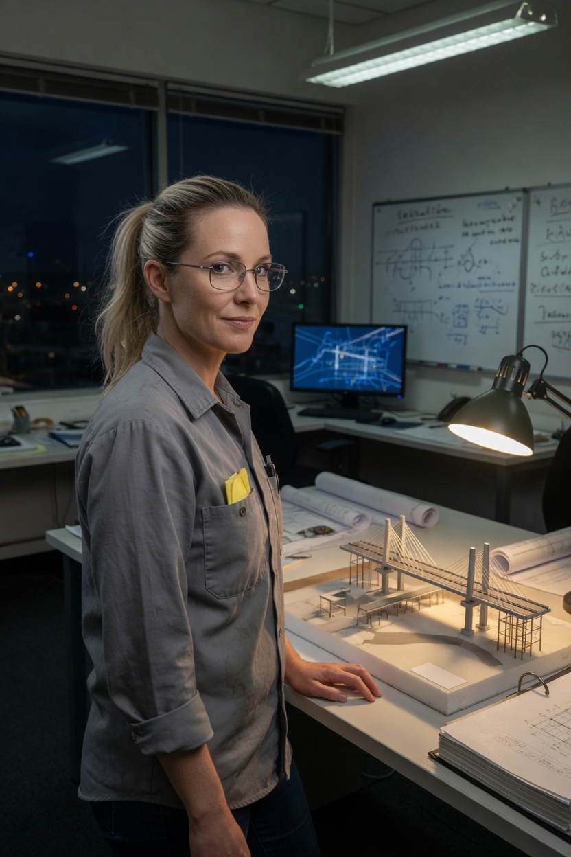 Petra in a grey work shirt and steel glasses, ash-blonde ponytail, standing over a structural model on a table.