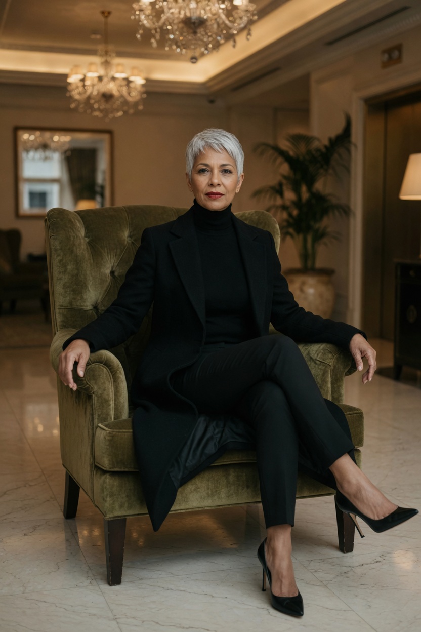 Plum with a silver pixie and red lipstick, long black coat, seated in a hotel lobby chair, heels crossed.