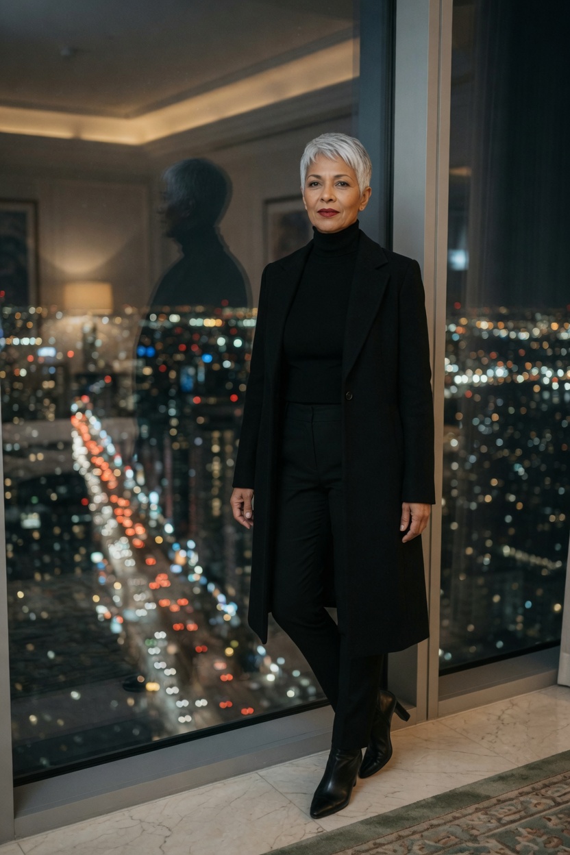 Plum in a black coat and turtleneck, silver pixie, standing at a hotel window on a high floor, city below.