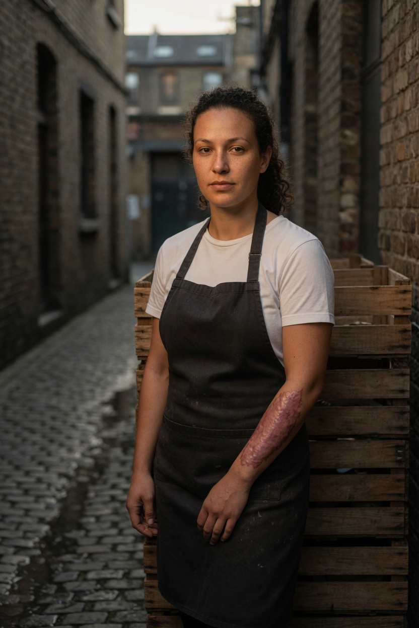 Posy, an adult woman of 24, dark curls, white t-shirt and dark apron, standing in an alley beside stacked plain crates.