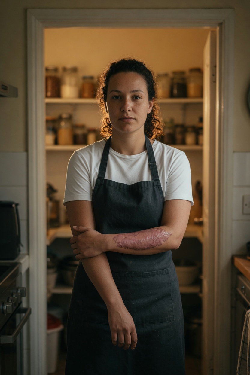 Posy in a white t-shirt and dark apron, curls up, standing in an open walk-in doorway, warm kitchen light behind her.