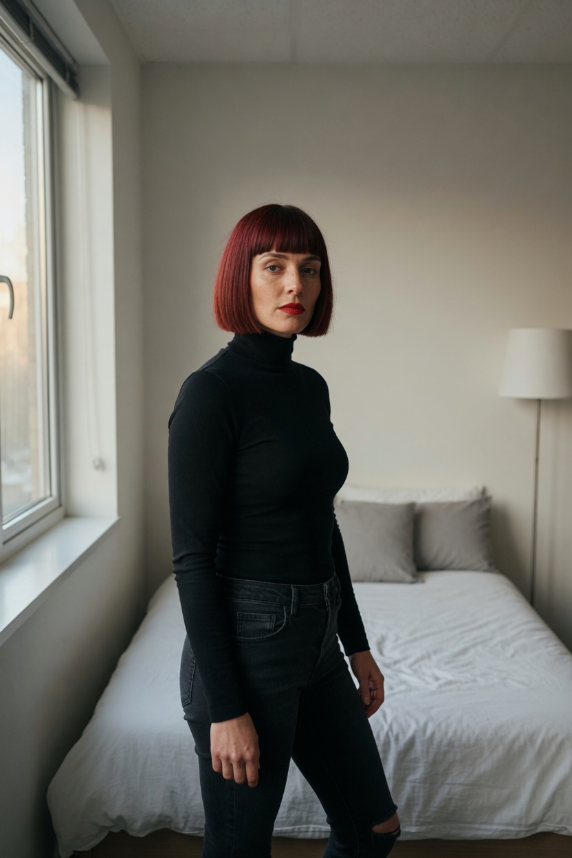 Quilla in a black turtleneck and dark jeans, dark red bob, standing by the window in her flat, a made bed and a plain lamp behind her.