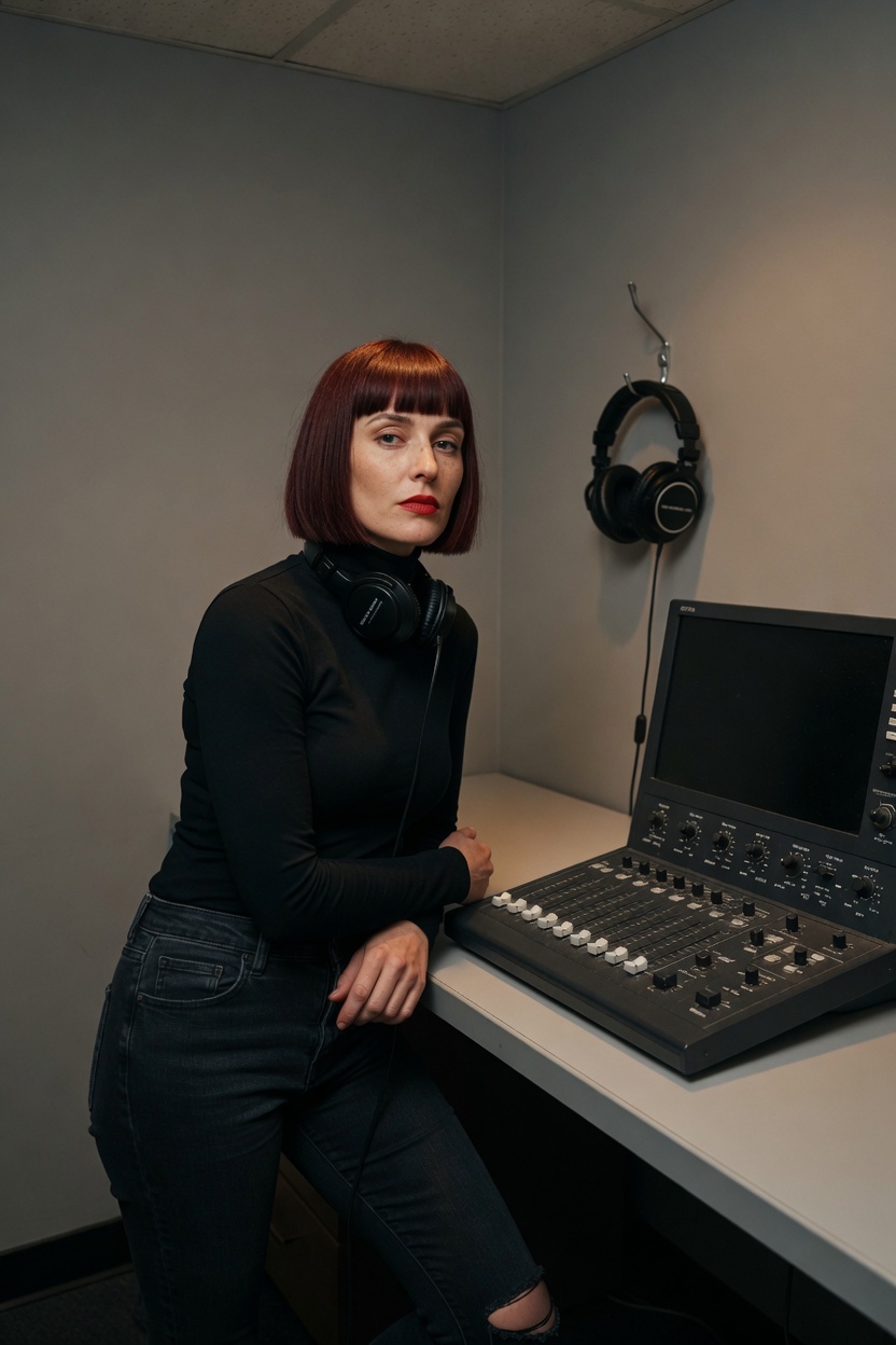 Quilla, a clearly adult woman of 23, dark red blunt bob, black turtleneck and jeans, standing in a radio booth with a dark blank board and headphones on a hook.