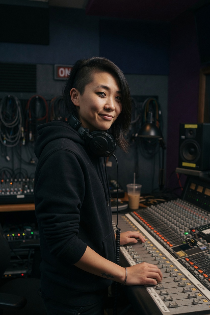 Ramona in a plain black hoodie, headphones around her neck, standing at a mixing desk in a dim studio.