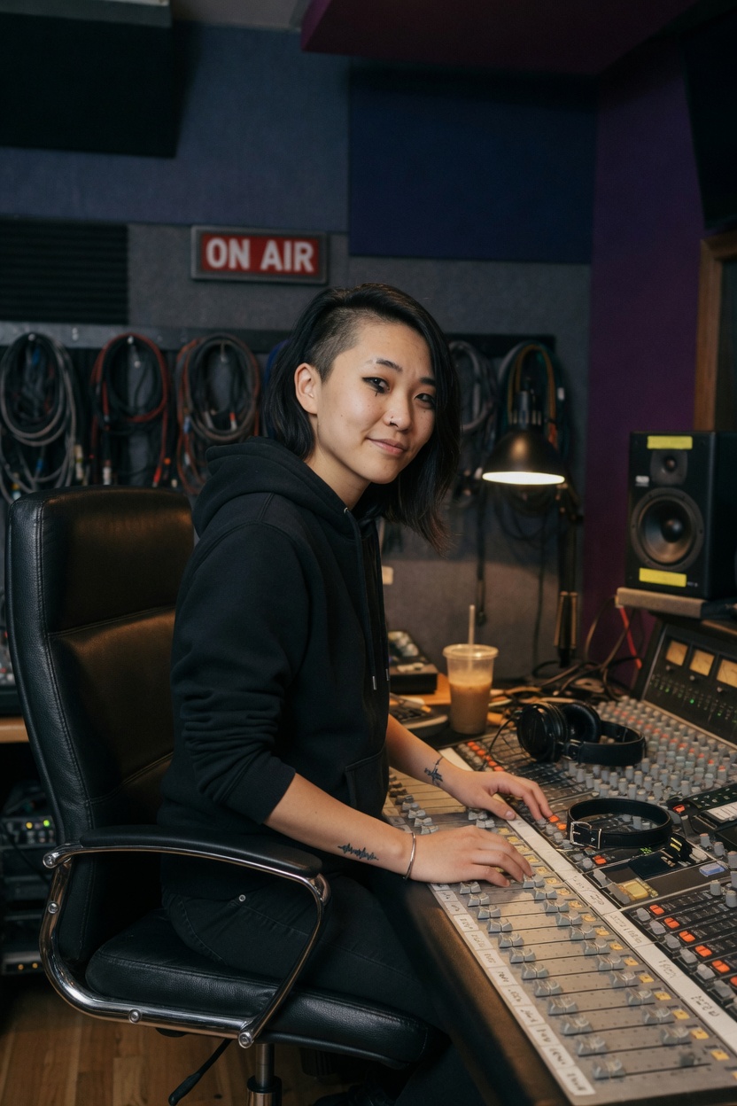 Ramona seated in the studio chair, hoodie, a slim collar on the console beside the faders, headphones off.