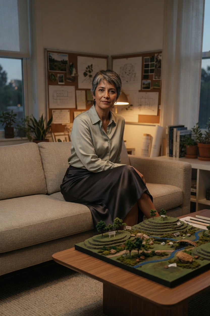 Regina seated on the office sofa, linen blazer off, silk skirt, stockings, model on the table, evening.