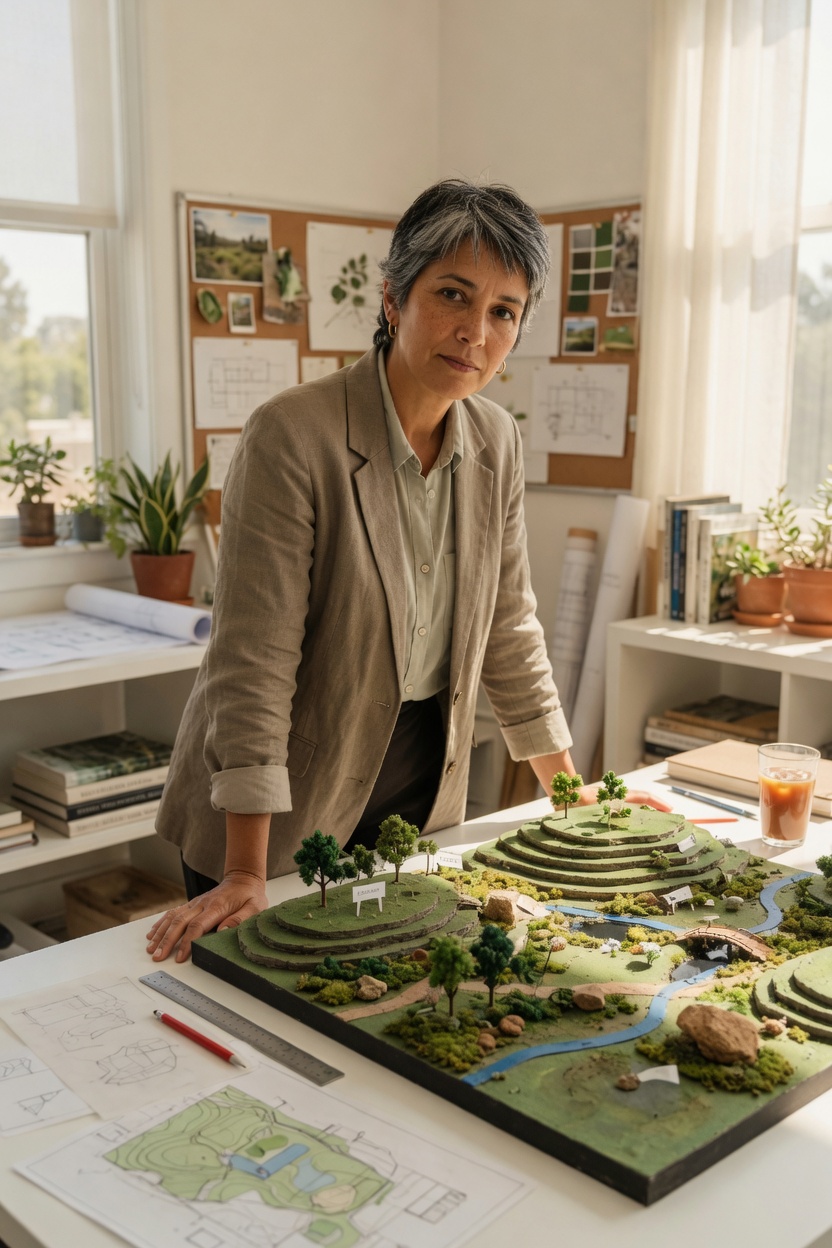 Regina with a salt-and-pepper crop, linen blazer, standing over a landscape model in a bright office.