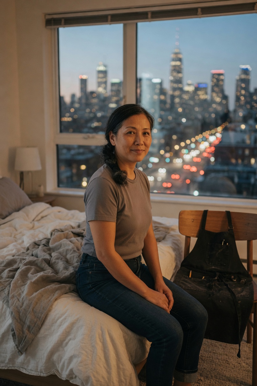 Renata in a grey t-shirt, apron on a chair, seated on the edge of a bed, city evening in the window.