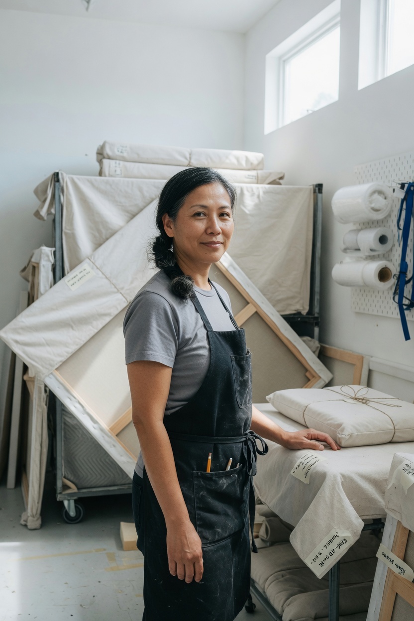 Renata in a grey t-shirt and black apron, hair in a low twist, standing among cloth-wrapped frames.