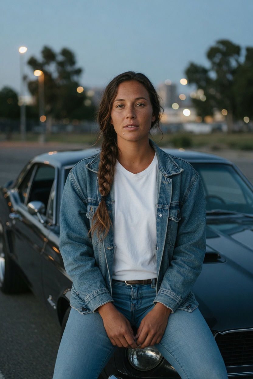 Rhea in a denim jacket and white t-shirt, braid over one shoulder, sitting on the hood of a dark car at dusk.