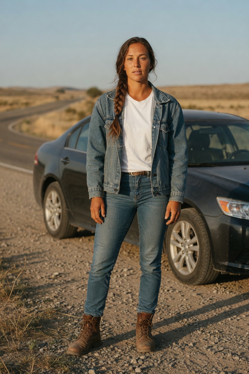 Rhea with a sun-bleached braid and tan skin, denim jacket and jeans, standing at a gravel turnout beside a plain dark car.