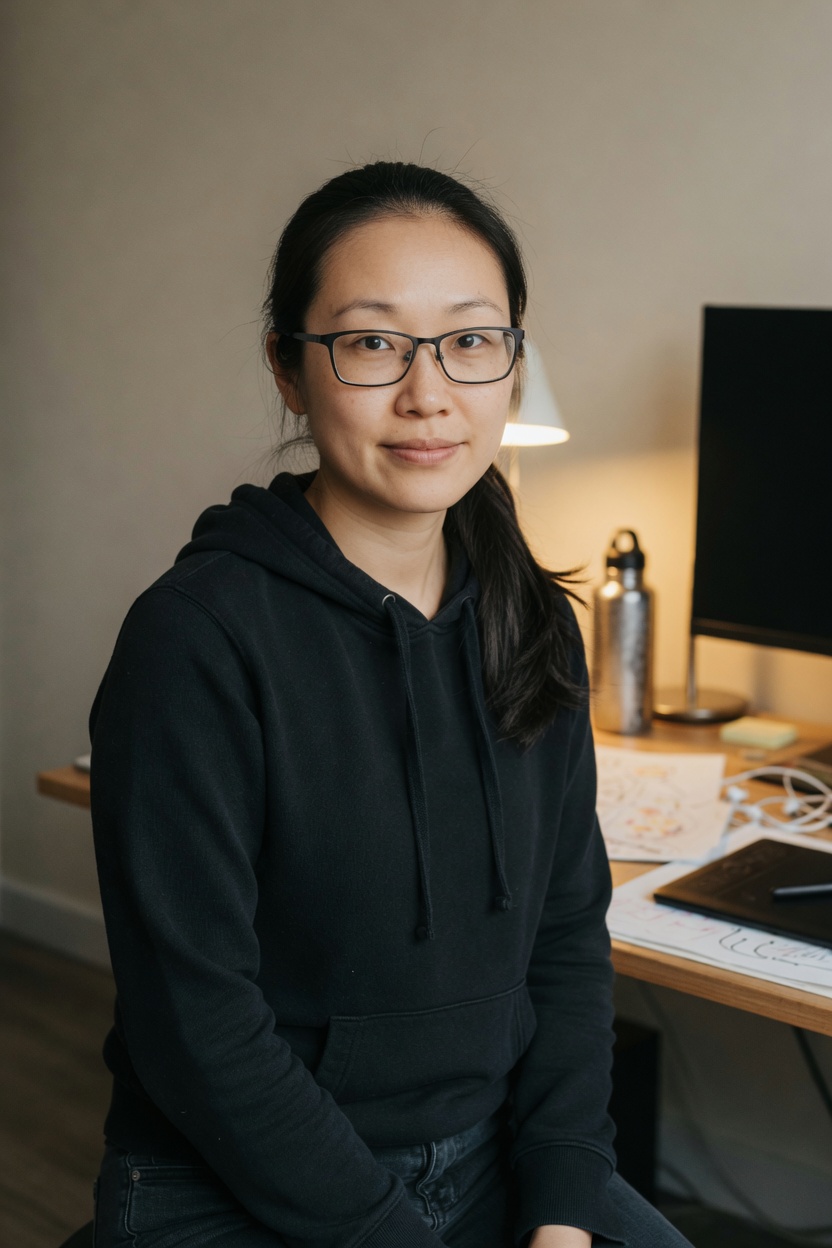 Rho with glasses and a black ponytail, black hoodie, seated at a home desk, lamp on, monitor dark, no readable screen.