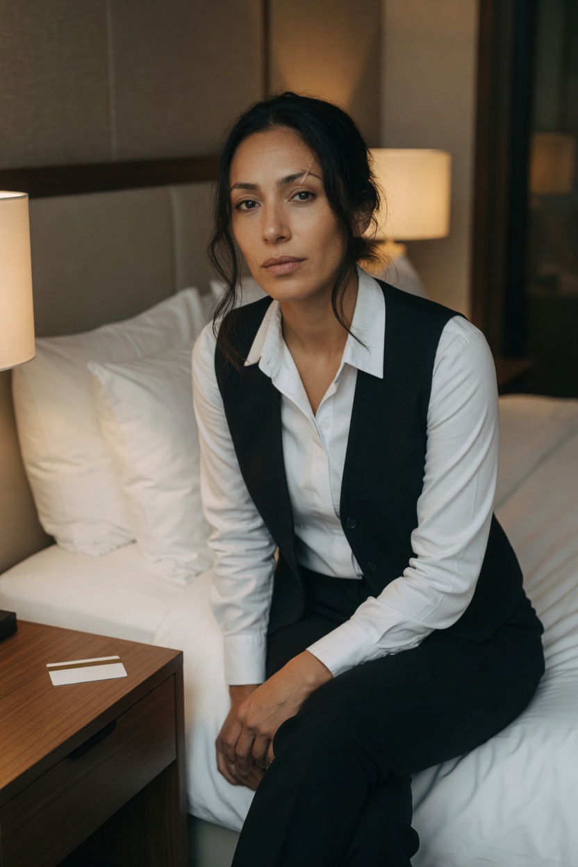 Romy in a white shirt and black trousers, bun loose, seated on the edge of a hotel bed, a key card on the nightstand.