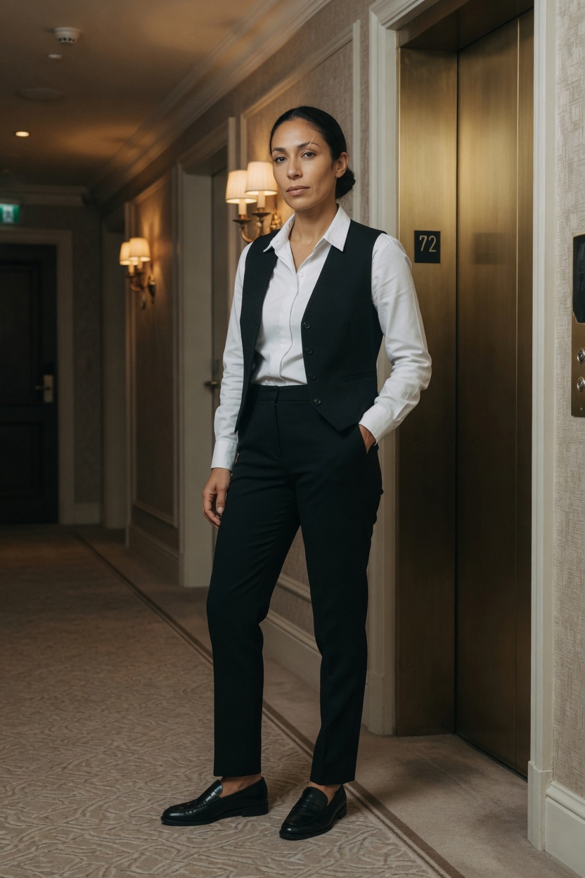 Romy with olive skin and a dark bun, white shirt and plain black vest, standing in a hotel hallway by an elevator.